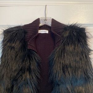 Calvin Klein Open Front Black Faux Fur Sweater Vest